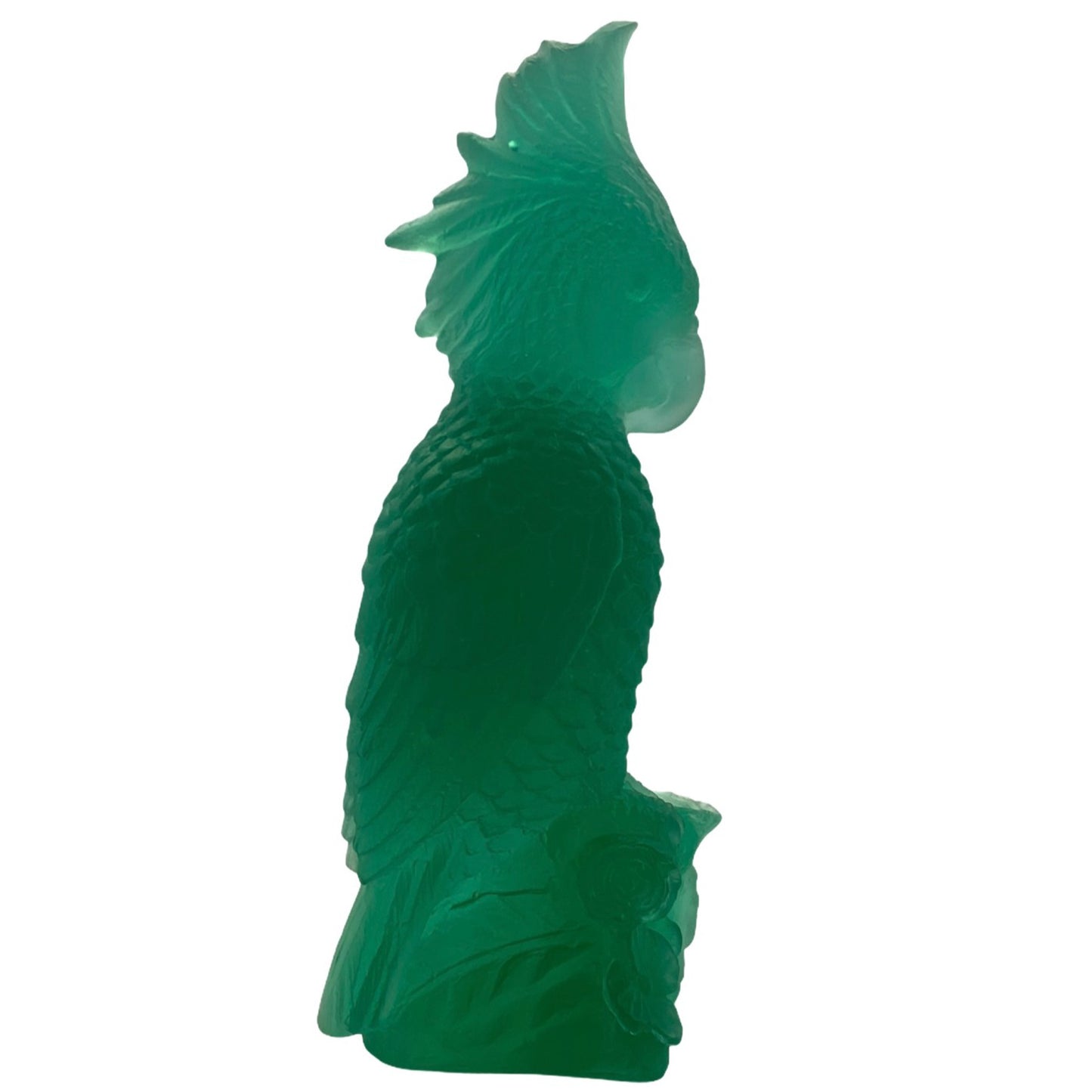 Rio Parrot Cast Glass Sculpture Emerald green on white background side view