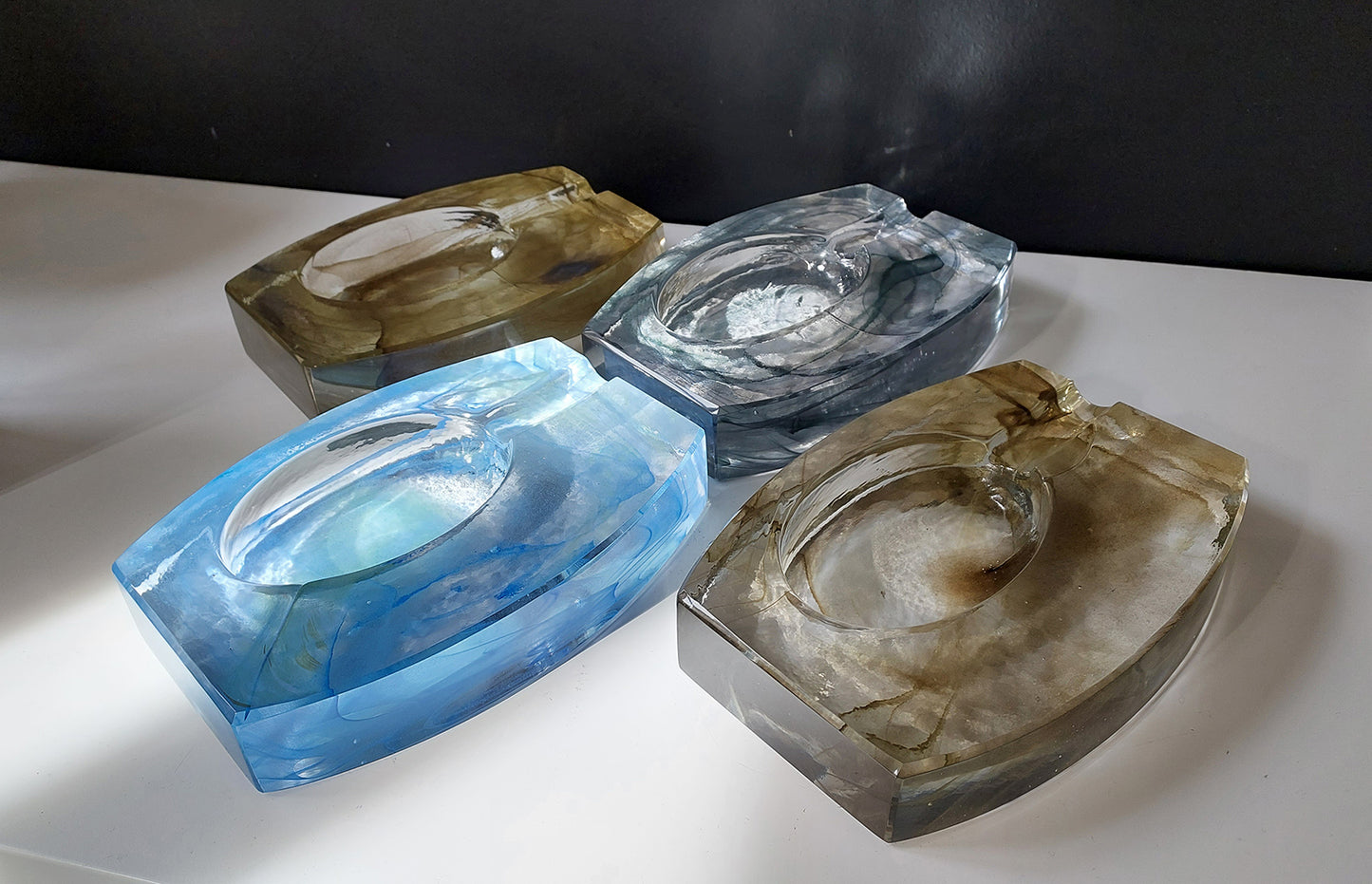 Cigar Ashtray Glass Cast Smokey Cloudy Blue and 2 Light Olive