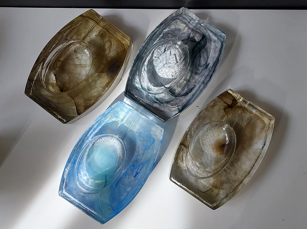 Cigar Ashtray Glass Cast Smokey Cloudy Blue and 2 Light Olive top view