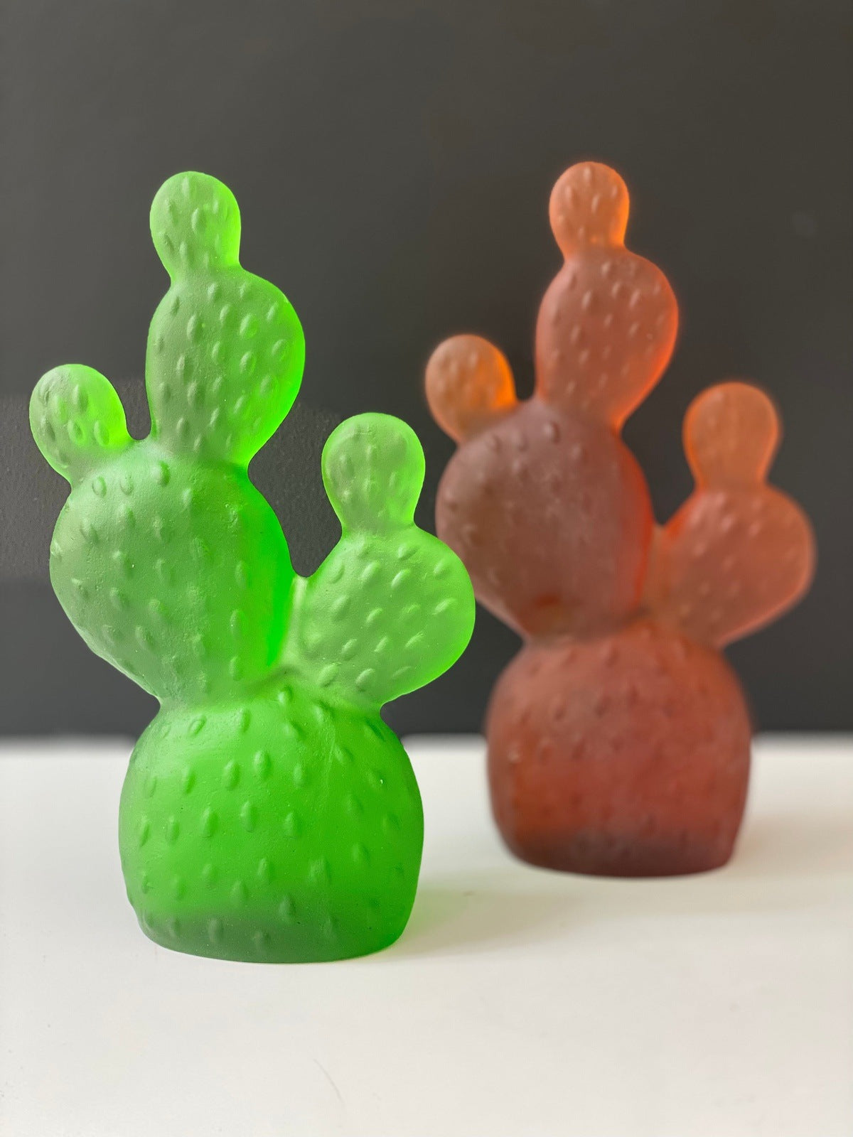 Opuntia Cactus Luxury Glass Sculpture Forest Green and Dark Amber