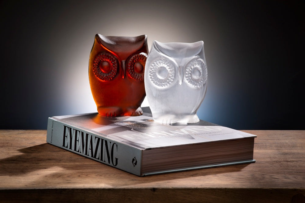 Snowy Owl Cast Glass Sculpture Amber and Ice on a book