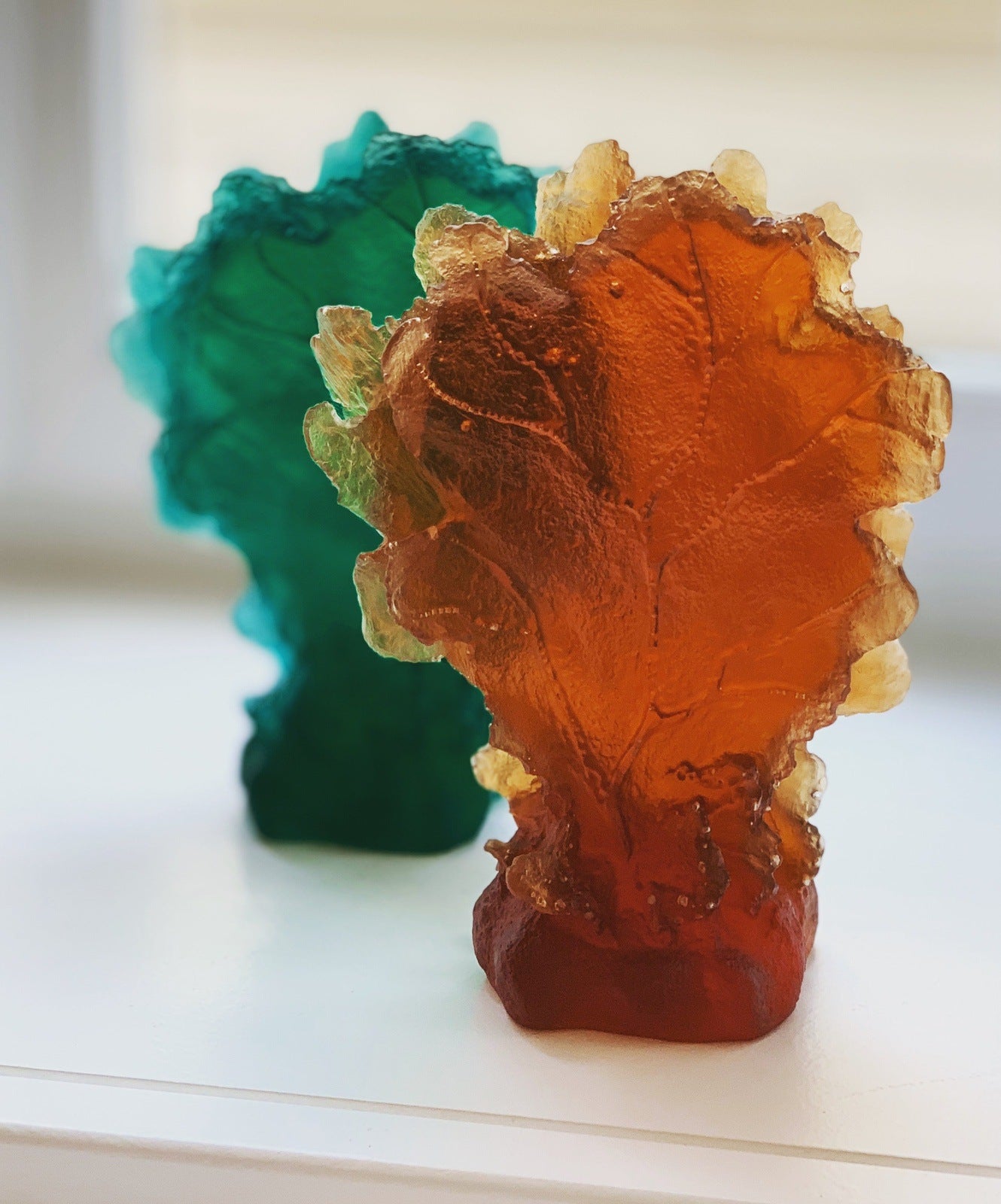 Coral Premium Glass Sculpture Amber with Emerald Behind