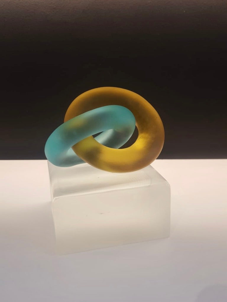  Eternal Bond Kiln Cast Glass Sculpture Light Amber and turquoise ring