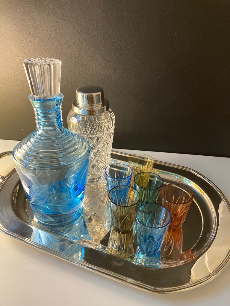 Reeds Shot Glasses set of 6: Sunset | Amber | Tourmaline | Sky Blue | Turkish Blue | Olive. with decanter on a tray