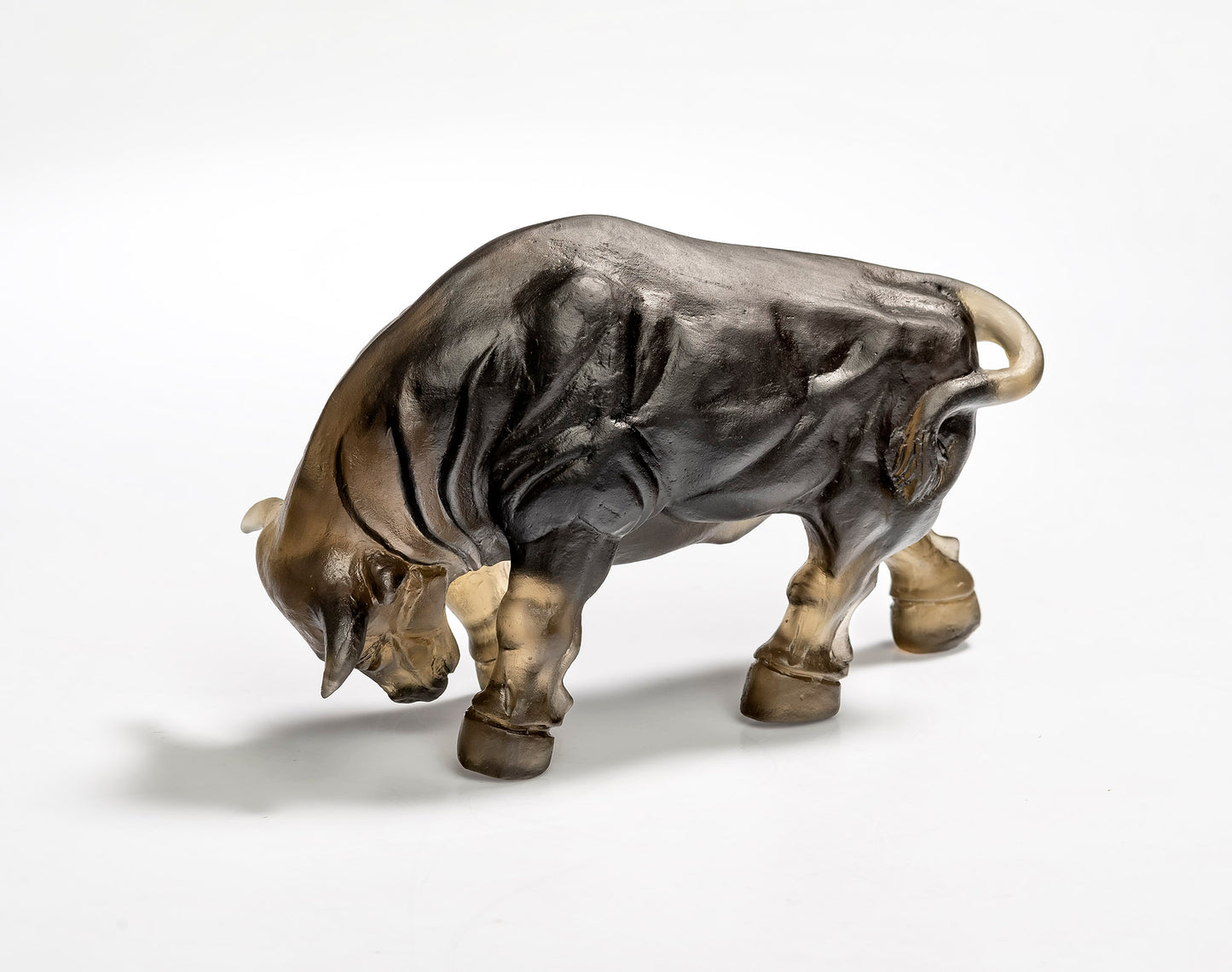 Bull Cast Glass Sculpture Olive on white background looking left