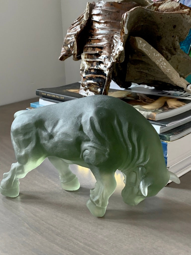 Bull Cast Glass Sculpture Sage Green on table looking right