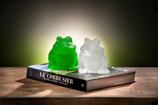 Frog Glass Cast Sculpture Green and Ice on a book