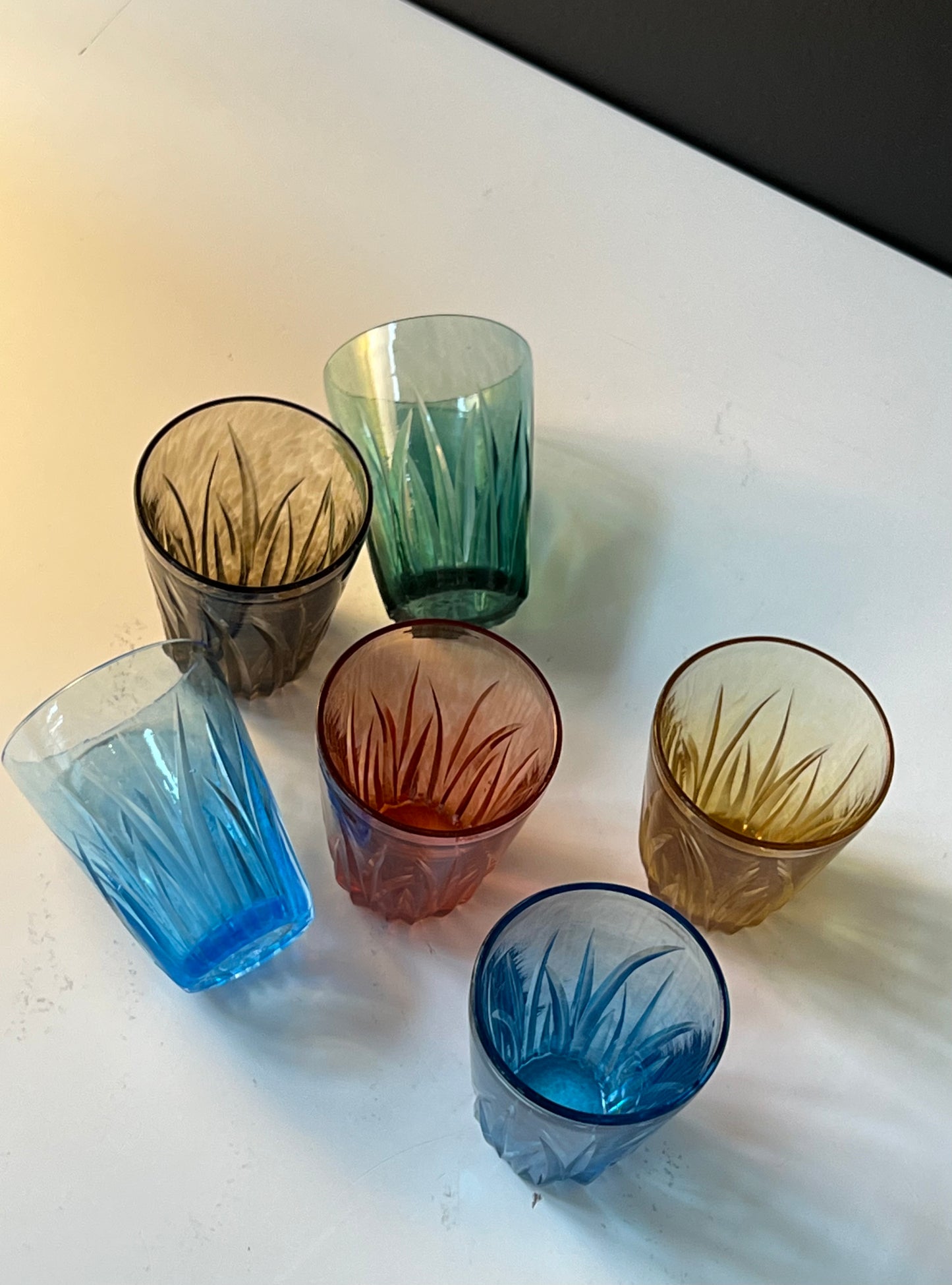 Reeds Shot Glasses set of 6: Sunset | Amber | Tourmaline | Sky Blue | Turkish Blue | Olive.