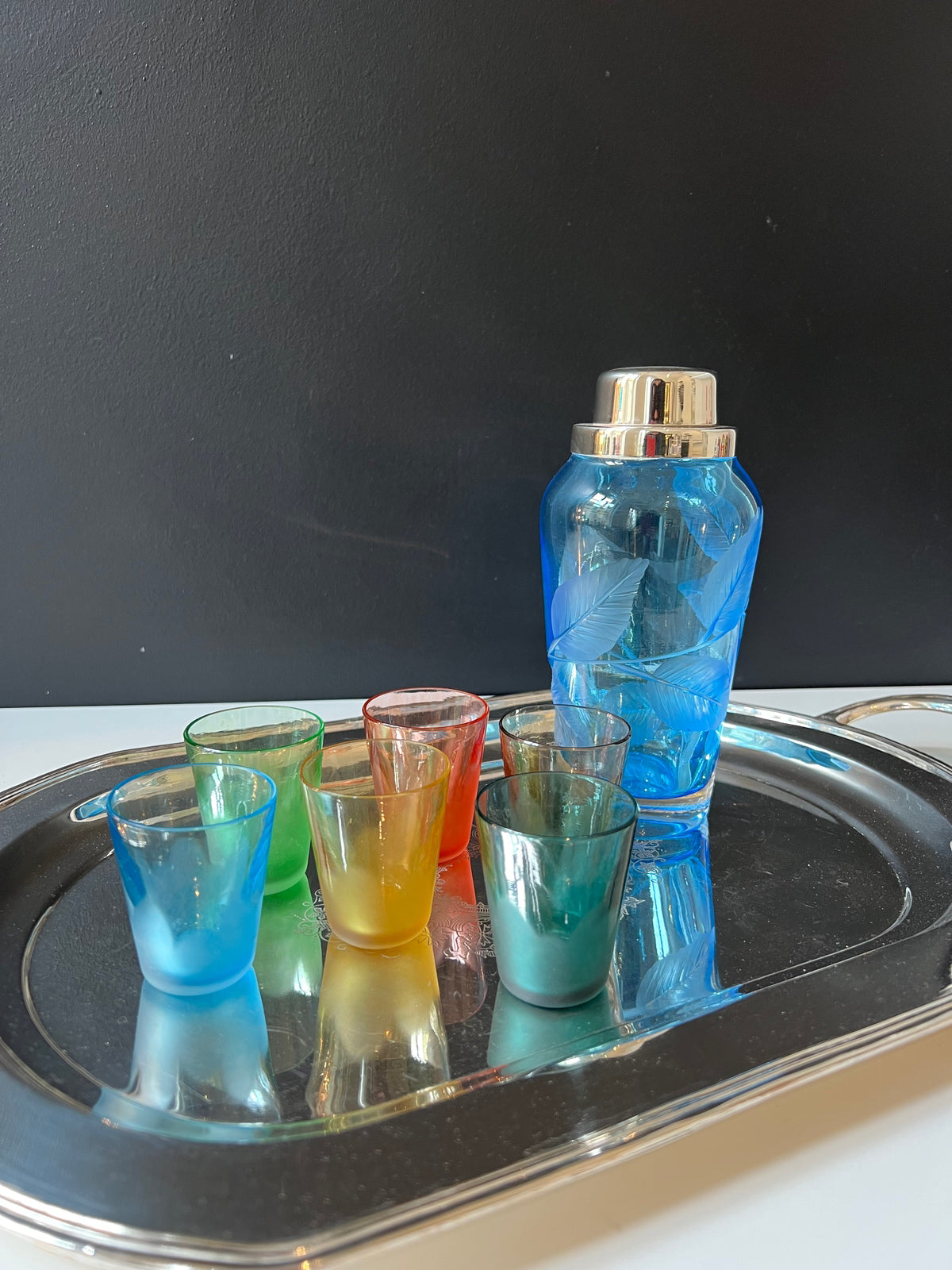 Ice Shot Glass Set - Warm color palette with decanter on a tray
