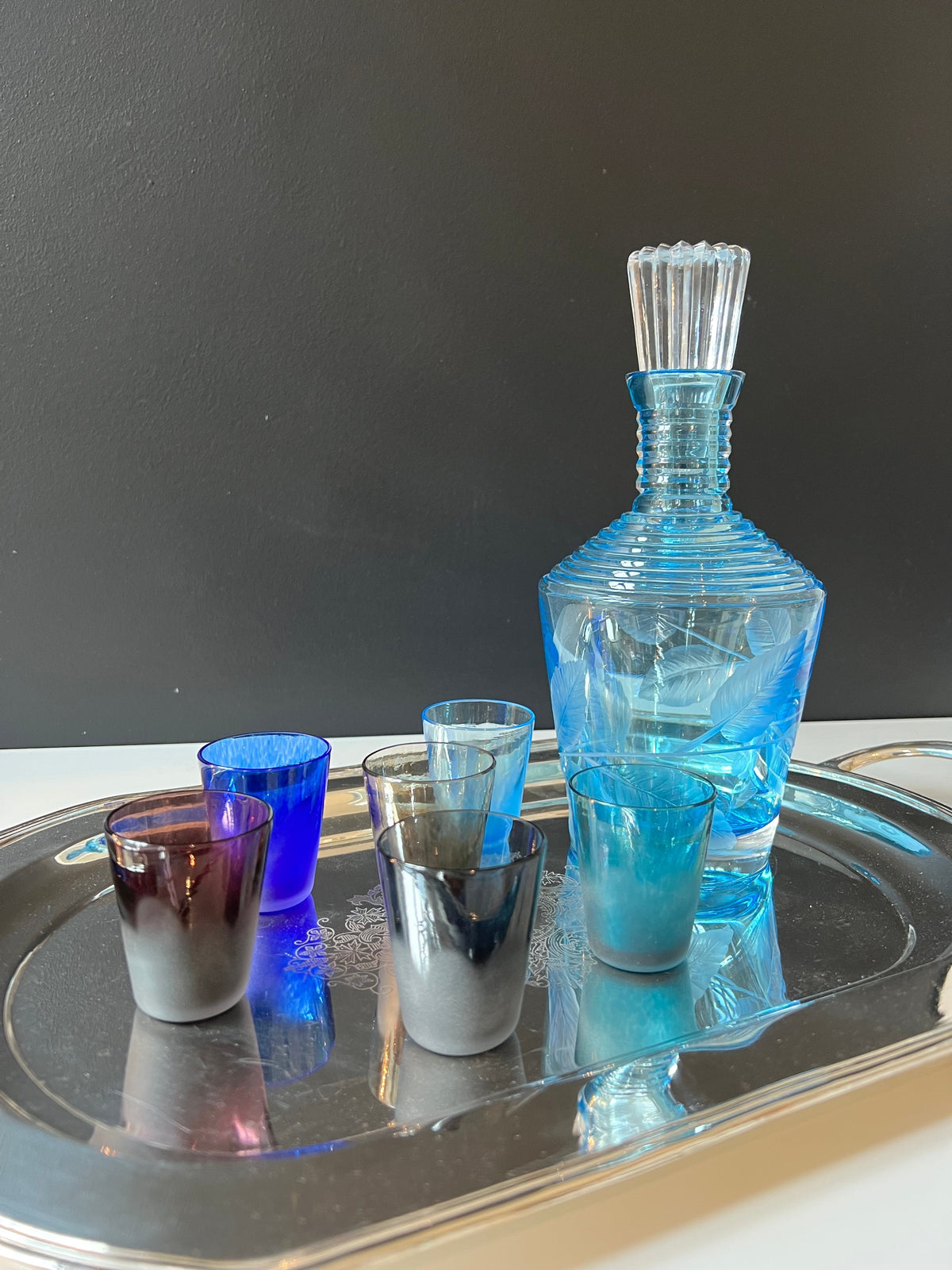 Ice Shot Glass Set - Cool color palette with decanter on a tray
