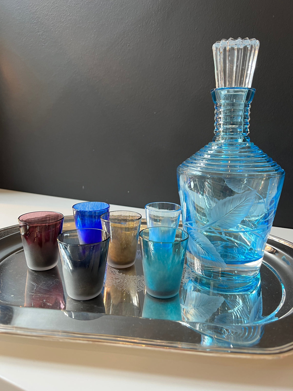 Ice Shot Glass Set - Cool color palette with decanter on a tray