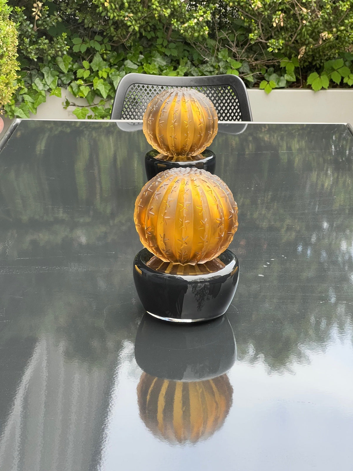 Barrel Cactus Luxury Glass Sculpture 2 Amber Cacti on a table