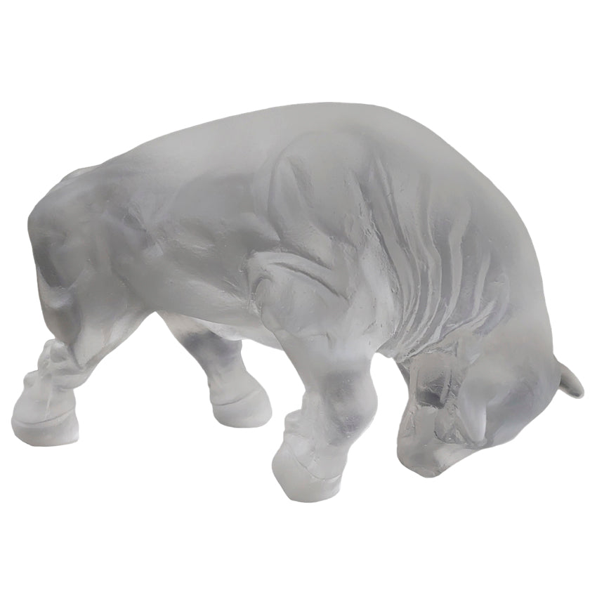 Bull Cast Glass Sculpture Ice on white background looking right