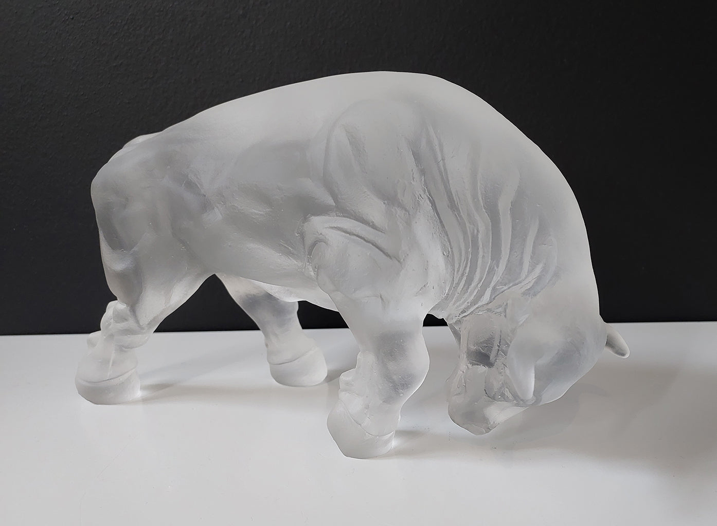 Bull Cast Glass Sculpture Ice on black and white background