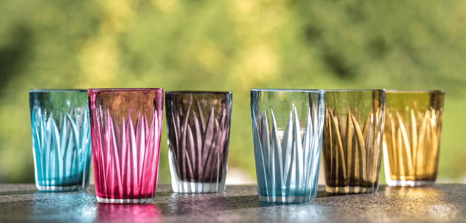 Reeds Shot Glasses set of 6: Sunset | Amber | Tourmaline | Sky Blue | Turkish Blue | Olive.