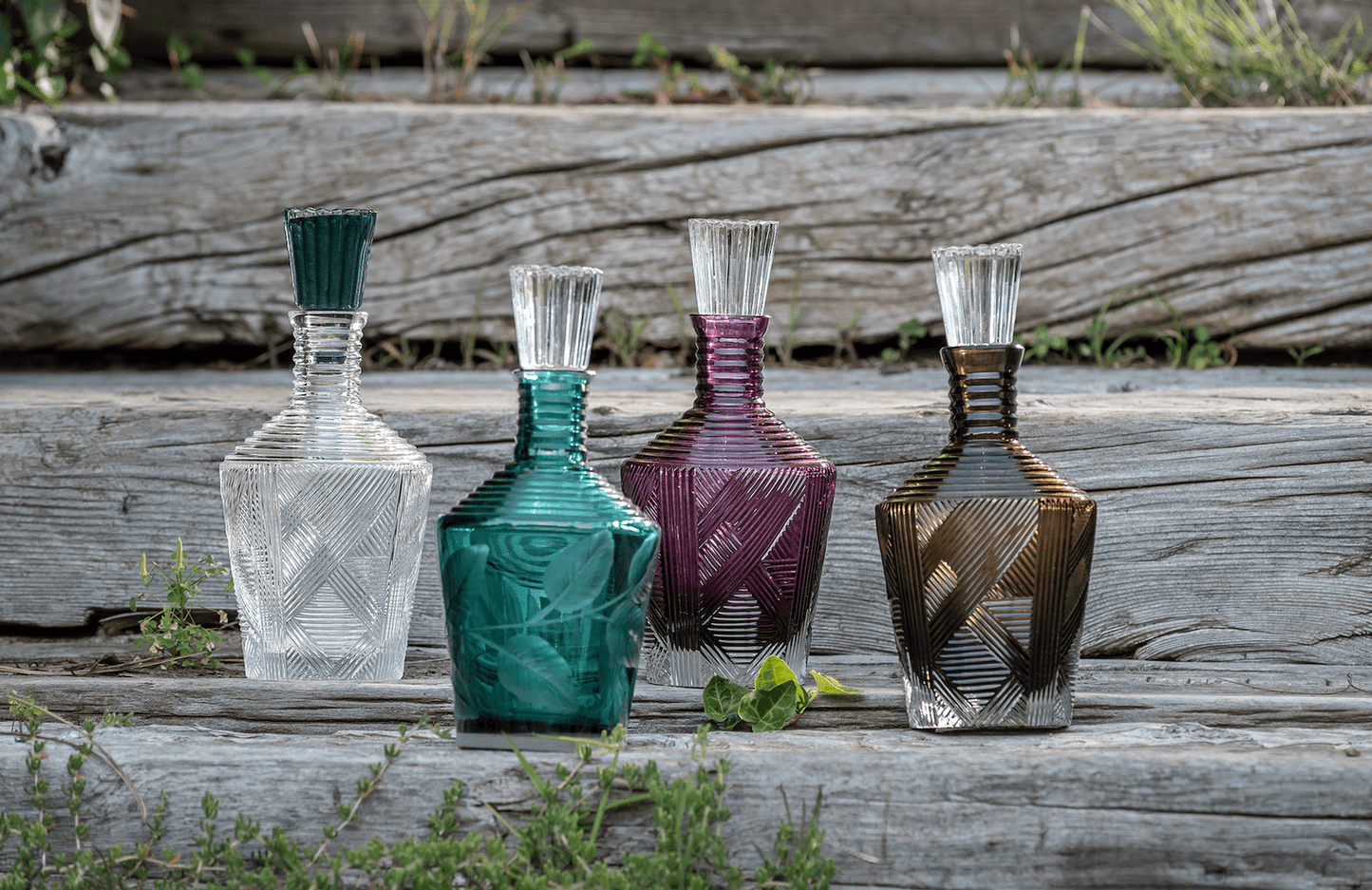 4 glass Decanters Tourmaline | Amethyst | Clear | Olive 