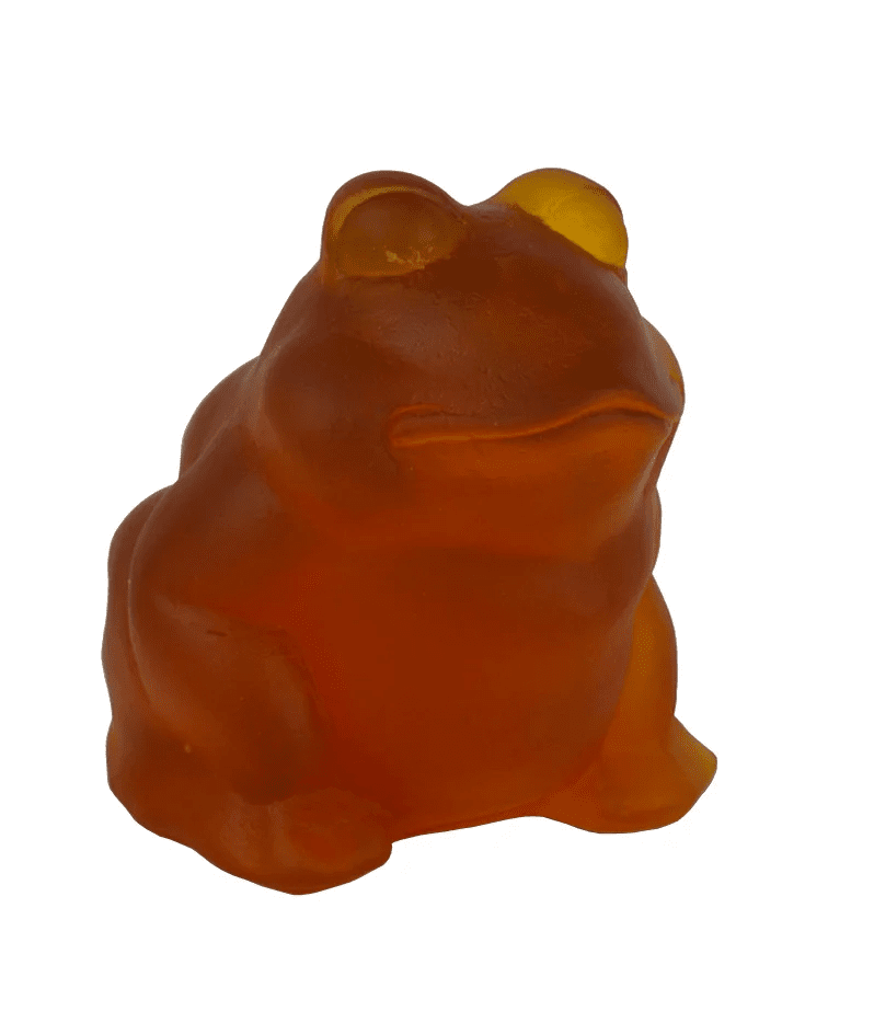Frog Glass Cast Sculpture Amber front view on white background